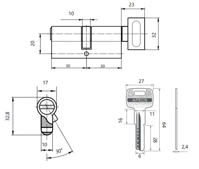 картинка Механизм цилиндровый SC-M60-Z-C-G (M60-ZC) Apecs от магазина Евродом