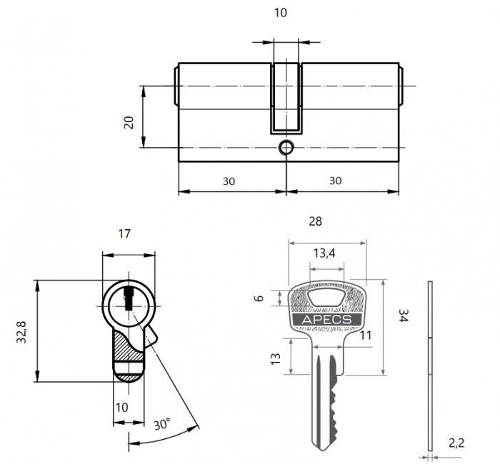 картинка Механизм цилиндровый SC-60-Z-G (60-Z) Apecs от магазина Евродом