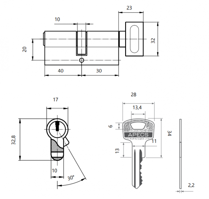 картинка Механизм цилиндровый SC-70(30/40)Z-C-G Apecs от магазина Евродом
