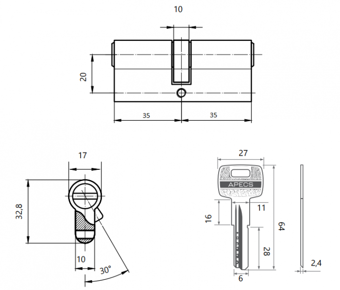 картинка Механизм цилиндровый SC-M70-Z-G (M 70-Z) Apecs от магазина Евродом