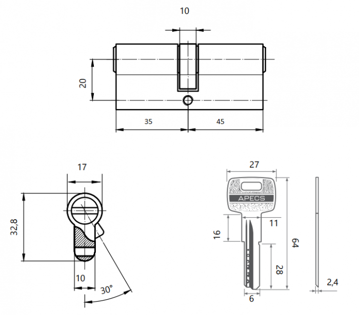 картинка Механизм цилиндровый SC-M80(35/45)Z-G Apecs от магазина Евродом