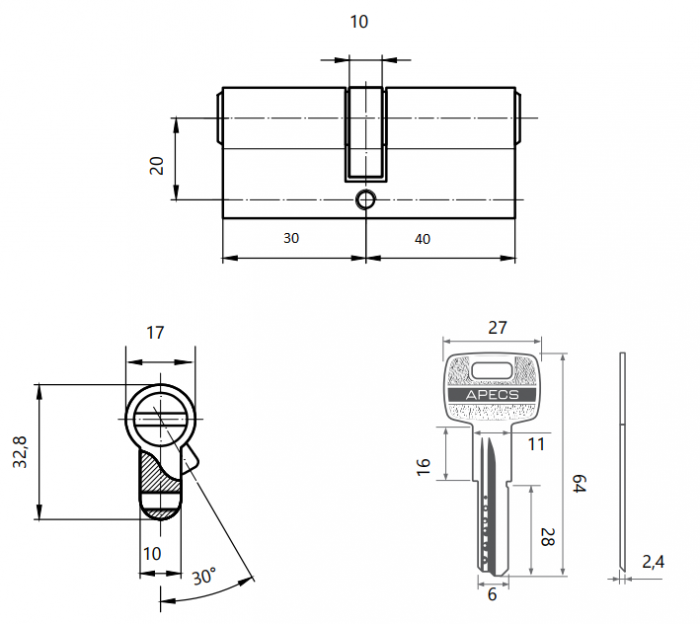 картинка Механизм цилиндровый SC-М70(30/40)Z-G Apecs от магазина Евродом
