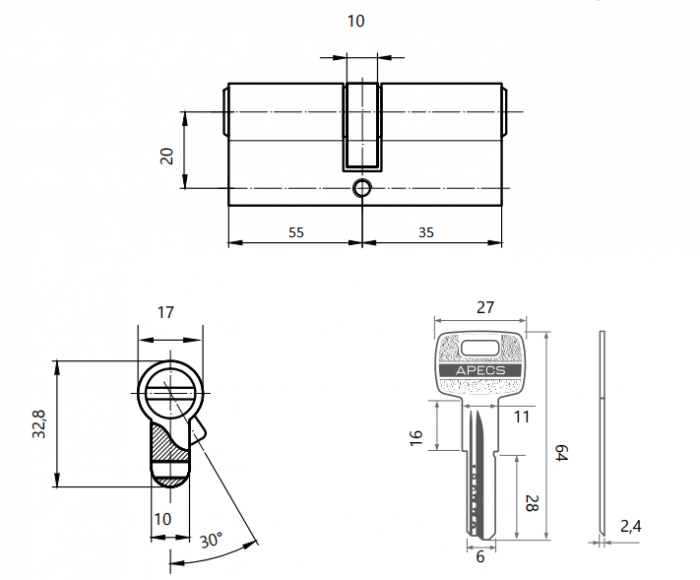 картинка Механизм цилиндровый SC-M90(35/55 PP)-Z-G Apecs от магазина Евродом