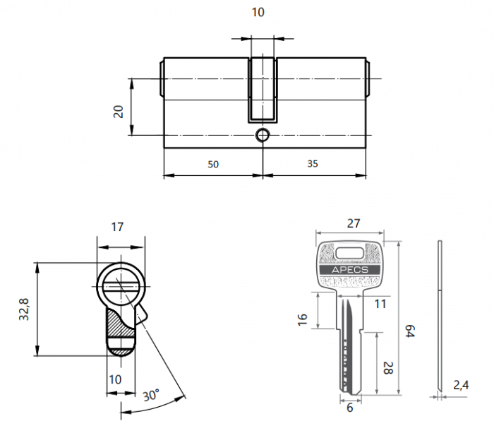 картинка Механизм цилиндровый SC-M85(35/50 PP)-Z-G Apecs от магазина Евродом