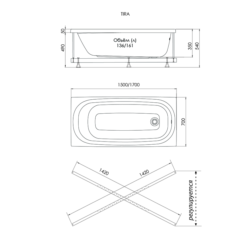 картинка Ванна акриловая Тира 150х70 БЕЗ КАРКАСА от магазина Евродом