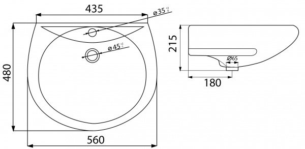 картинка Умывальник Оптима-56 с переливом с отверстием белый (Л) от магазина Евродом