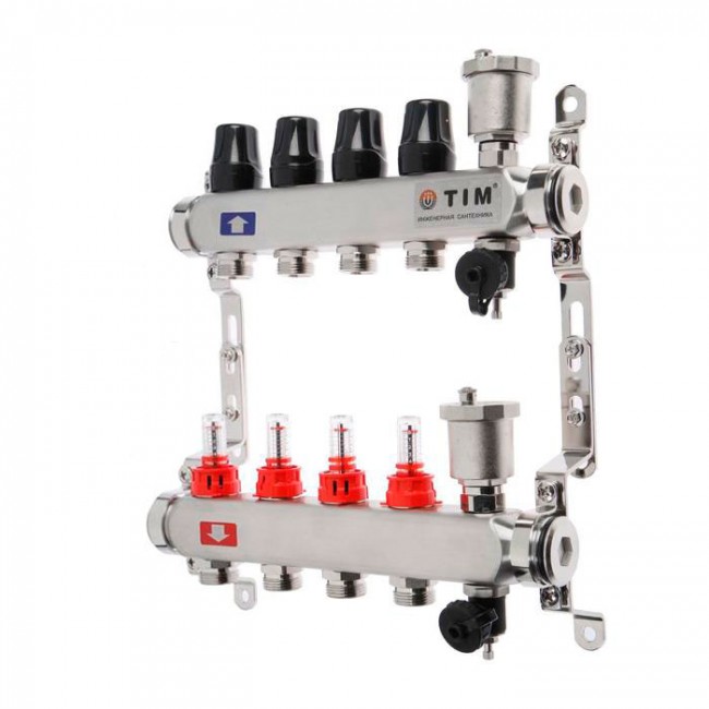 картинка Коллектор с расходомерами без кранов TIM НЕРЖ 1" на 4 выхода   (2 шт) от магазина Евродом