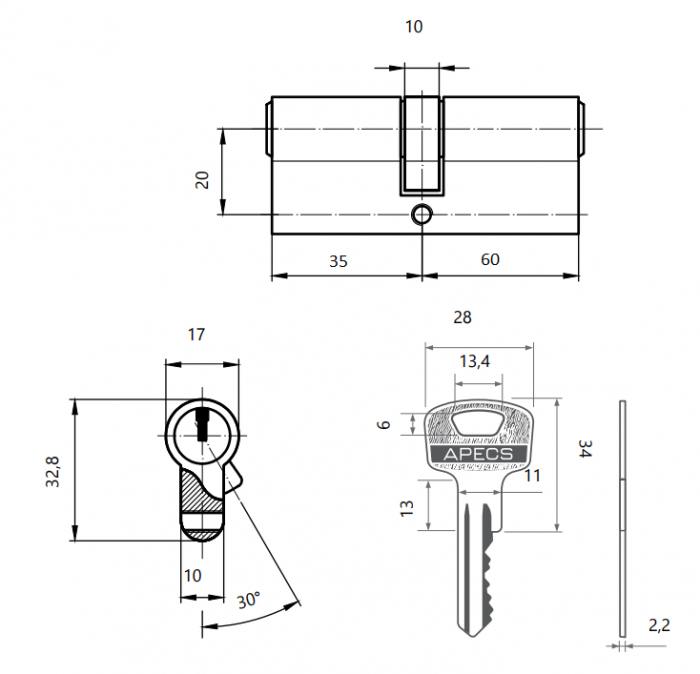 картинка Механизм цилиндровый SC-95(35/60)-Z-NI Apecs от магазина Евродом