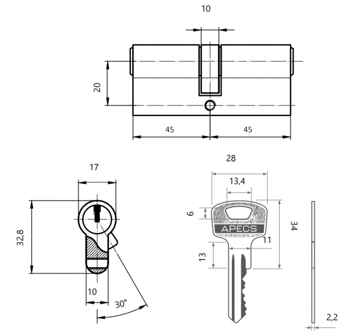 картинка Механизм цилиндровый SC-90-Z-G (90-Z) Apecs от магазина Евродом